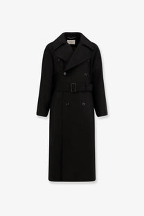 Saint Laurent men’s black certified wool double breasted trench coat with structured collar and belted waist