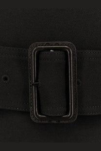 Black rectangular buckle with stitched edges on a black woven fabric belt of saint laurent men’s certified wool coat black