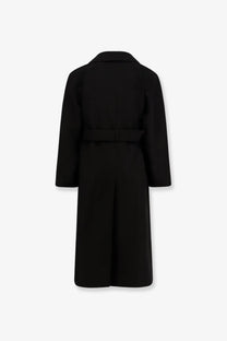 Saint Laurent men’s certified wool coat black with structured collar and matching belt in black wool fabric