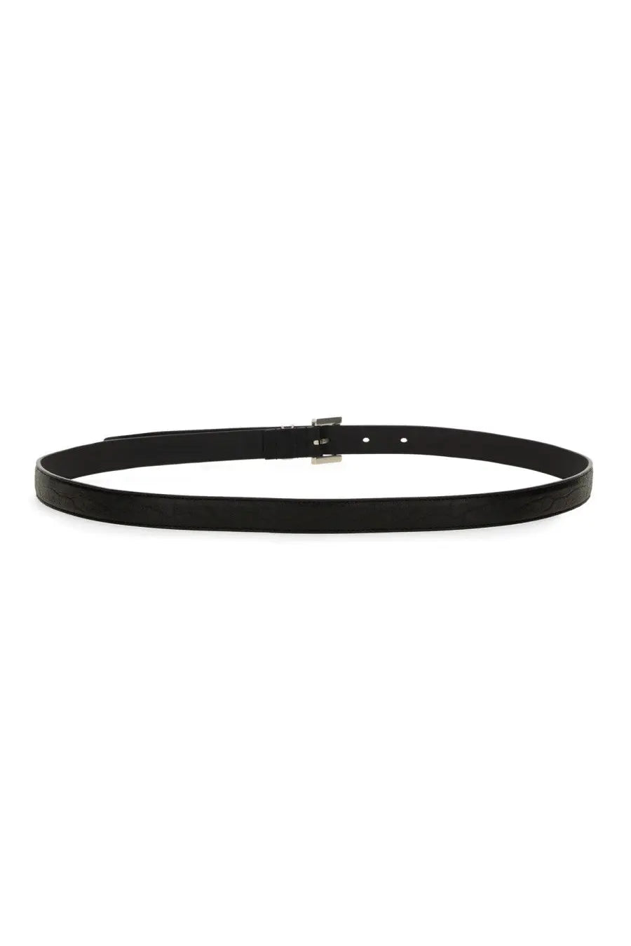 Saint Laurent men’s cintura cassandre sottile black leather belt with sleek minimalist design and silver-toned buckle