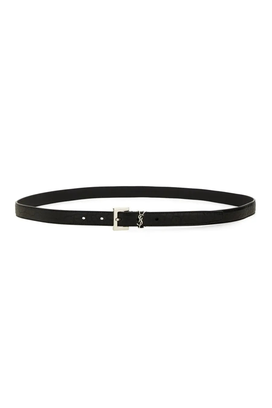 Saint Laurent men’s cintura cassandre sottile black leather belt with silver-tone buckle featuring ysl logo
