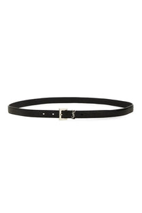 Saint Laurent men’s cintura cassandre sottile black leather belt with silver-tone buckle featuring ysl logo