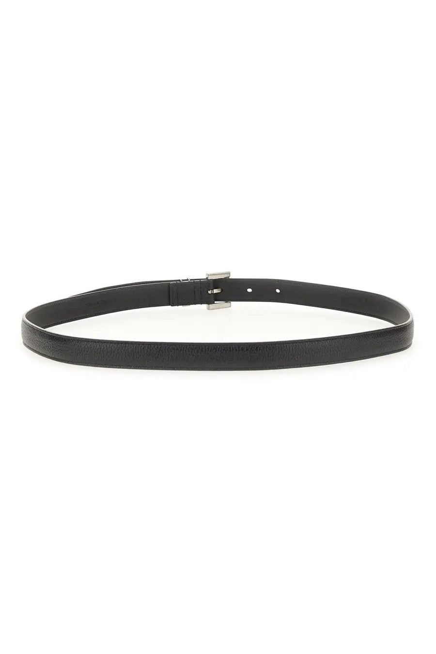 Saint Laurent men’s cintura sottile cassandre black leather belt with silver toned buckle showcasing front view