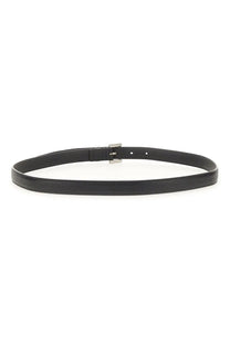 Saint Laurent men’s cintura sottile cassandre black leather belt with silver toned buckle showcasing front view