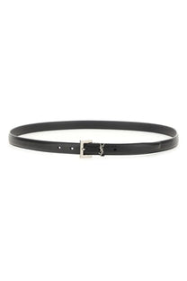 Saint Laurent men’s cinta sottile cassandre black leather belt with silver-toned rectangular buckle featuring YSL logo