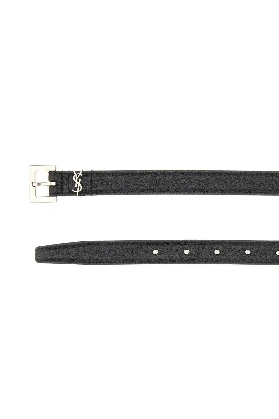 Saint Laurent men’s cintura sottile Cassandre black leather belt with silver-tone YSL logo buckle