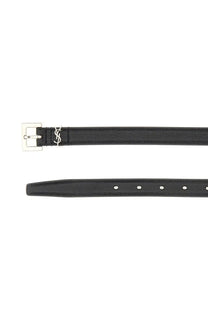 Saint Laurent men’s cintura sottile Cassandre black leather belt with silver-tone YSL logo buckle