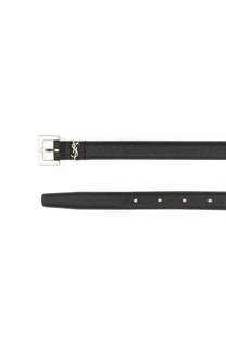 Saint Laurent men’s cintura sottile cassandre black leather belt with silver-toned ysl logo buckle