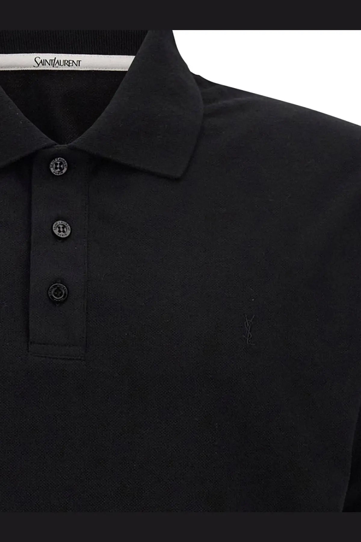Saint Laurent men’s black cotton blend polo shirt with subtle embroidered logo and matching buttons on the chest