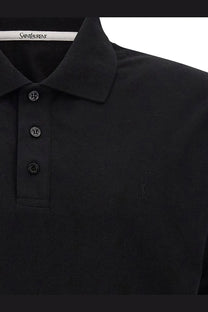 Saint Laurent men’s black cotton blend polo shirt with subtle embroidered logo and matching buttons on the chest