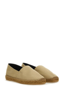 Beige Saint Laurent men’s cotton gabardine espadrille slip-ons with woven jute sole and canvas upper