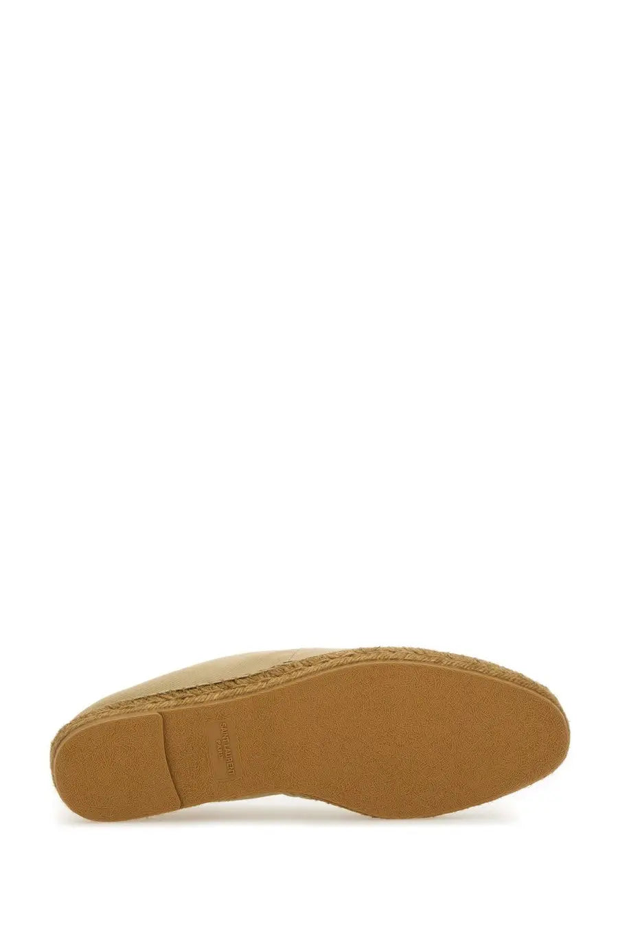 Beige saint laurent men’s cotton gabardine espadrille with woven jute sole and rubberized heel shown from the back side