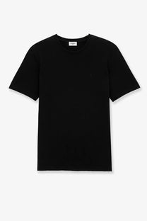 Saint Laurent men’s black cotton short-sleeved crew neck t-shirt with subtle embroidered logo and brand tag at neckline