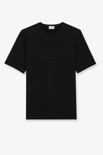 Saint Laurent men’s black cotton t-shirt with short sleeves and subtle embroidered logo at the center front