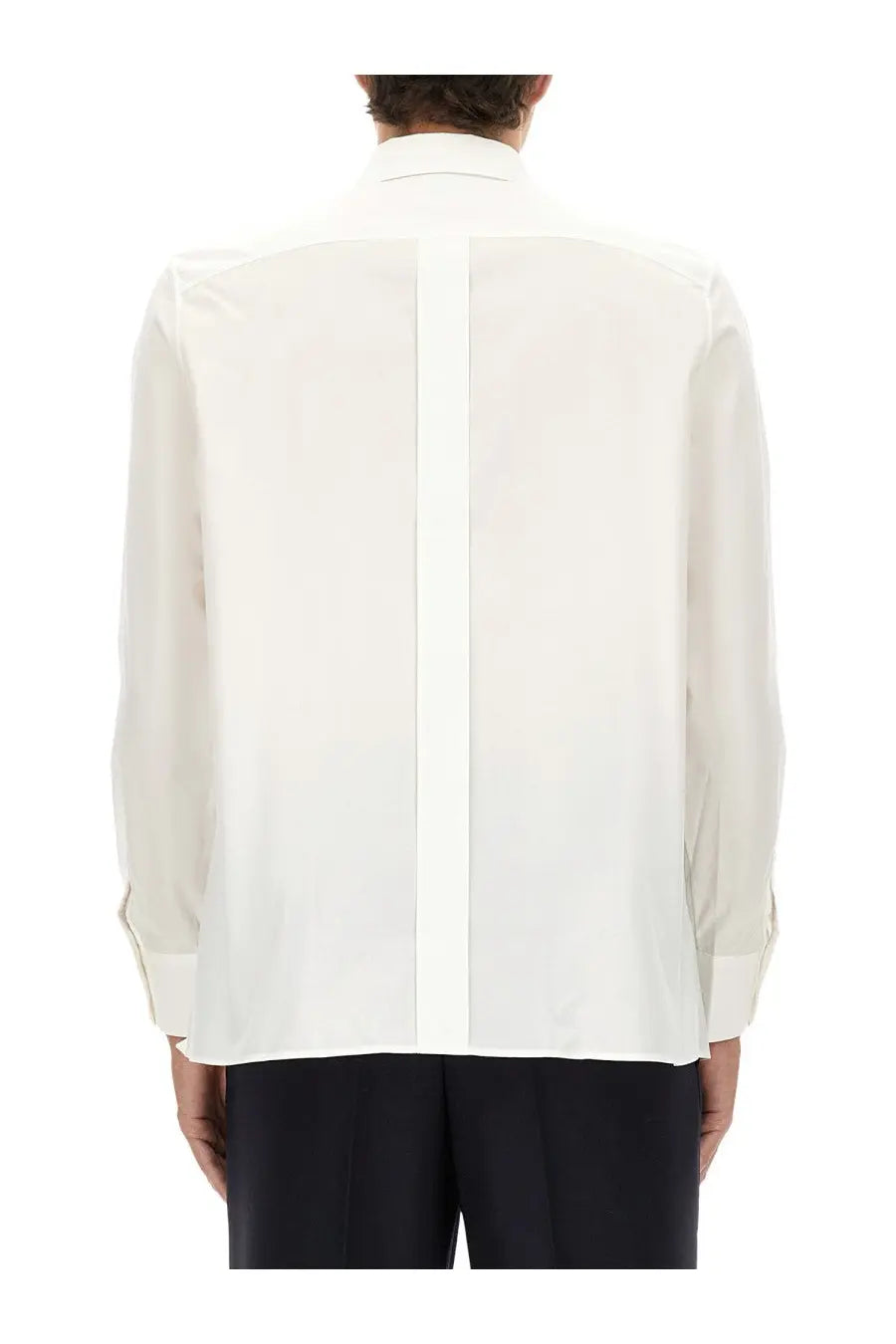 Saint Laurent men’s white cotton shirt with long sleeves and a subtle vertical seam on the back side