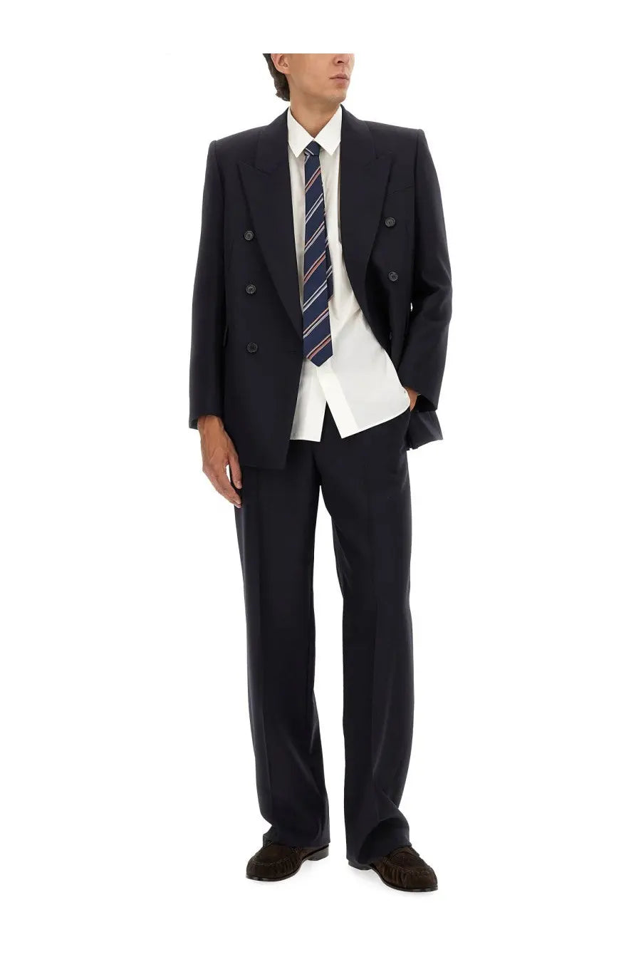 Saint laurent men’s white cotton shirt paired with a dark navy double-breasted suit jacket with structured notched lapels