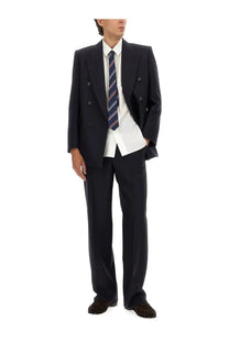 Saint laurent men’s white cotton shirt paired with a dark navy double-breasted suit jacket with structured notched lapels