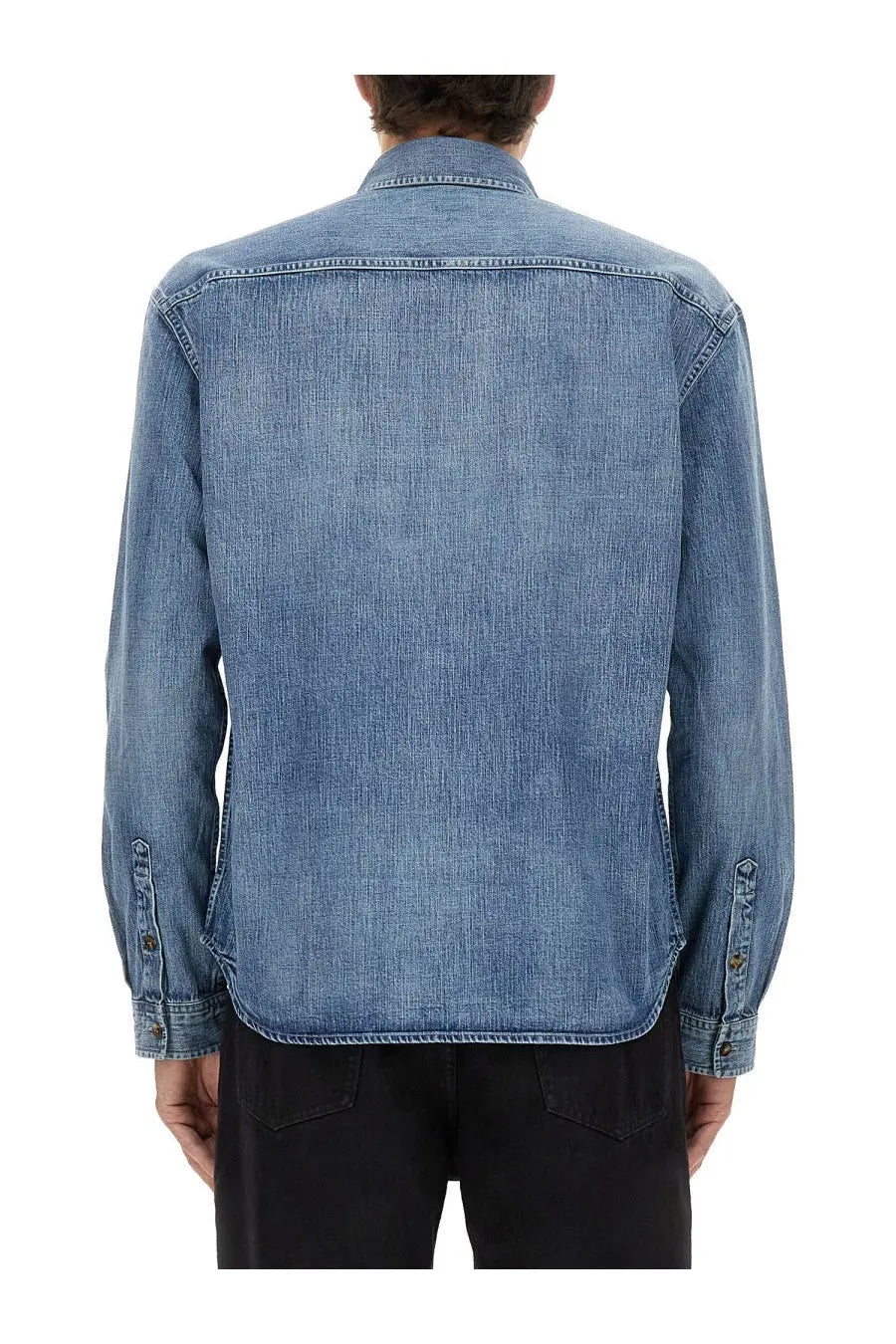 Saint Laurent men’s denim cassandre shirt blue medium wash with classic collar and buttoned cuffs