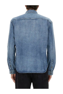 Saint Laurent men’s denim cassandre shirt blue medium wash with classic collar and buttoned cuffs
