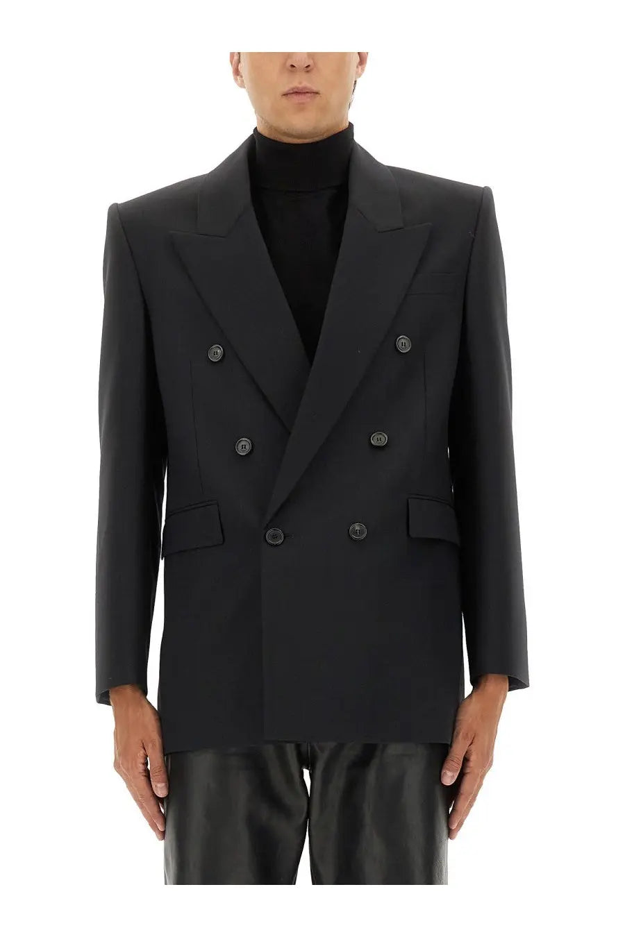 Saint Laurent men’s black double breasted wool blazer with structured shoulders and matching buttons