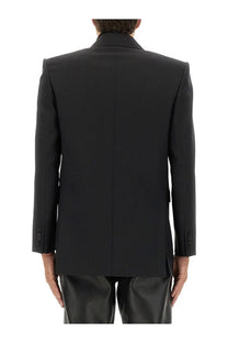 Saint Laurent men’s black double breasted wool jacket with structured shoulders and three button cuffs