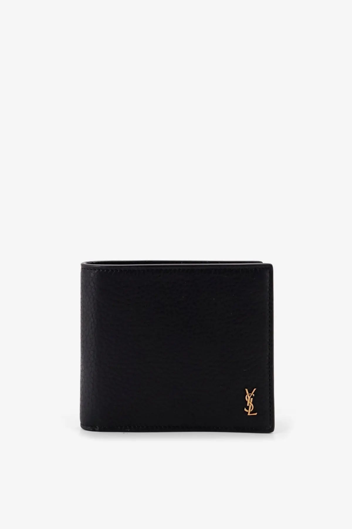 Saint Laurent men’s east west tiny leather wallet in black with gold-tone ysl logo on the lower right corner