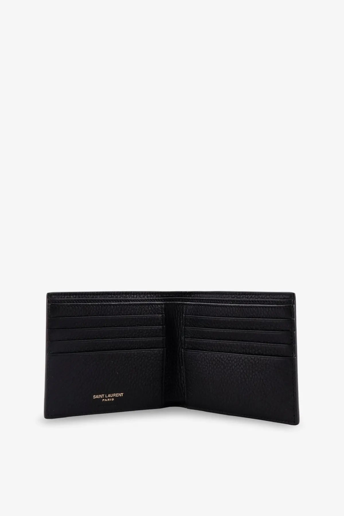 Saint Laurent men’s east west tiny black leather wallet with six card slots and embossed gold logo on the front