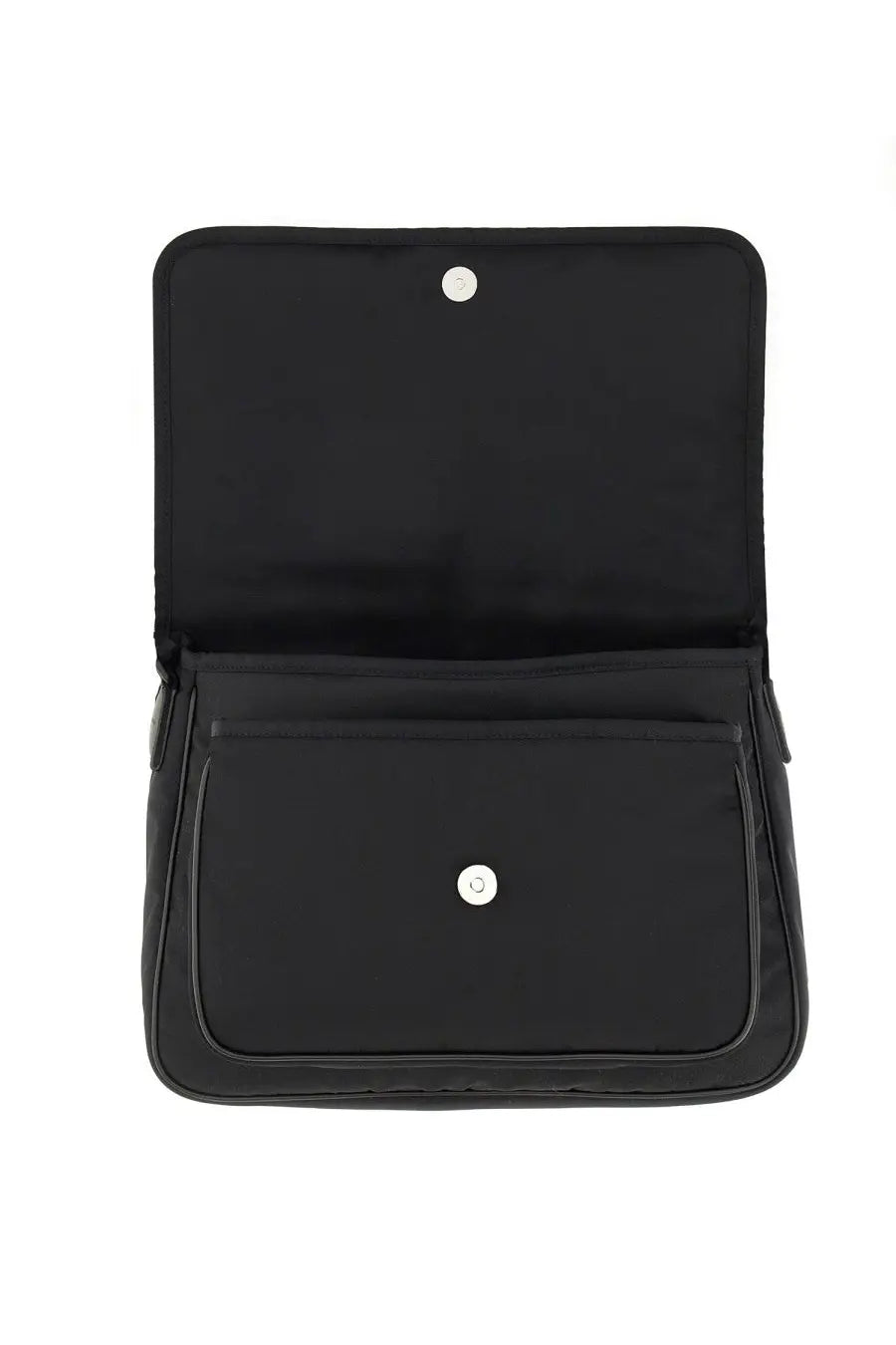Saint Laurent men’s black Econyl nylon messenger Niki bag with silver snap closures and subtle stitching details
