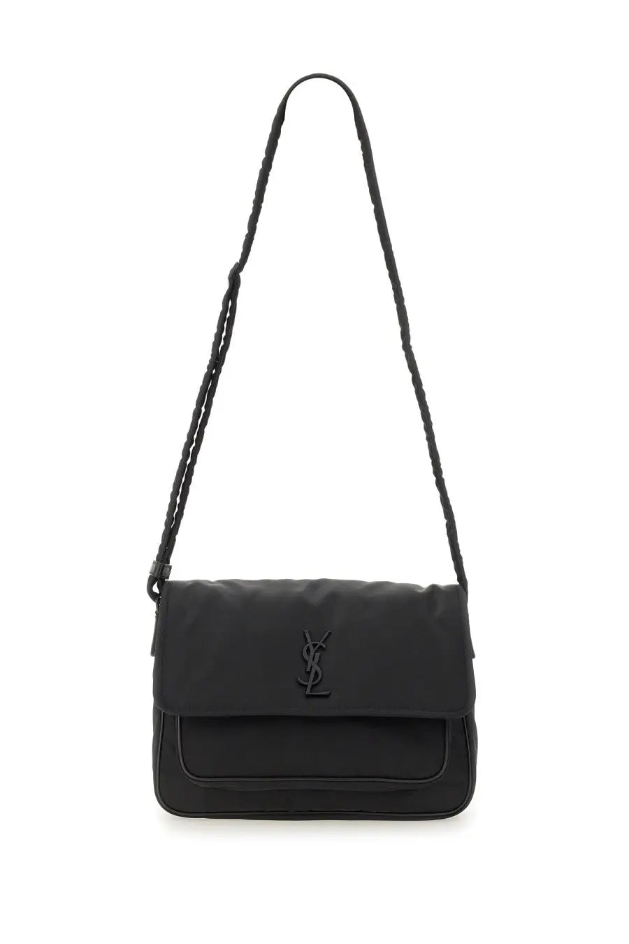 Black Saint Laurent men’s econyl messenger Niki bag with braided strap and embossed YSL logo on front