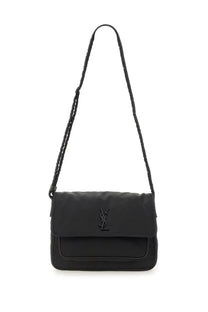 Black Saint Laurent men’s econyl messenger Niki bag with braided strap and embossed YSL logo on front