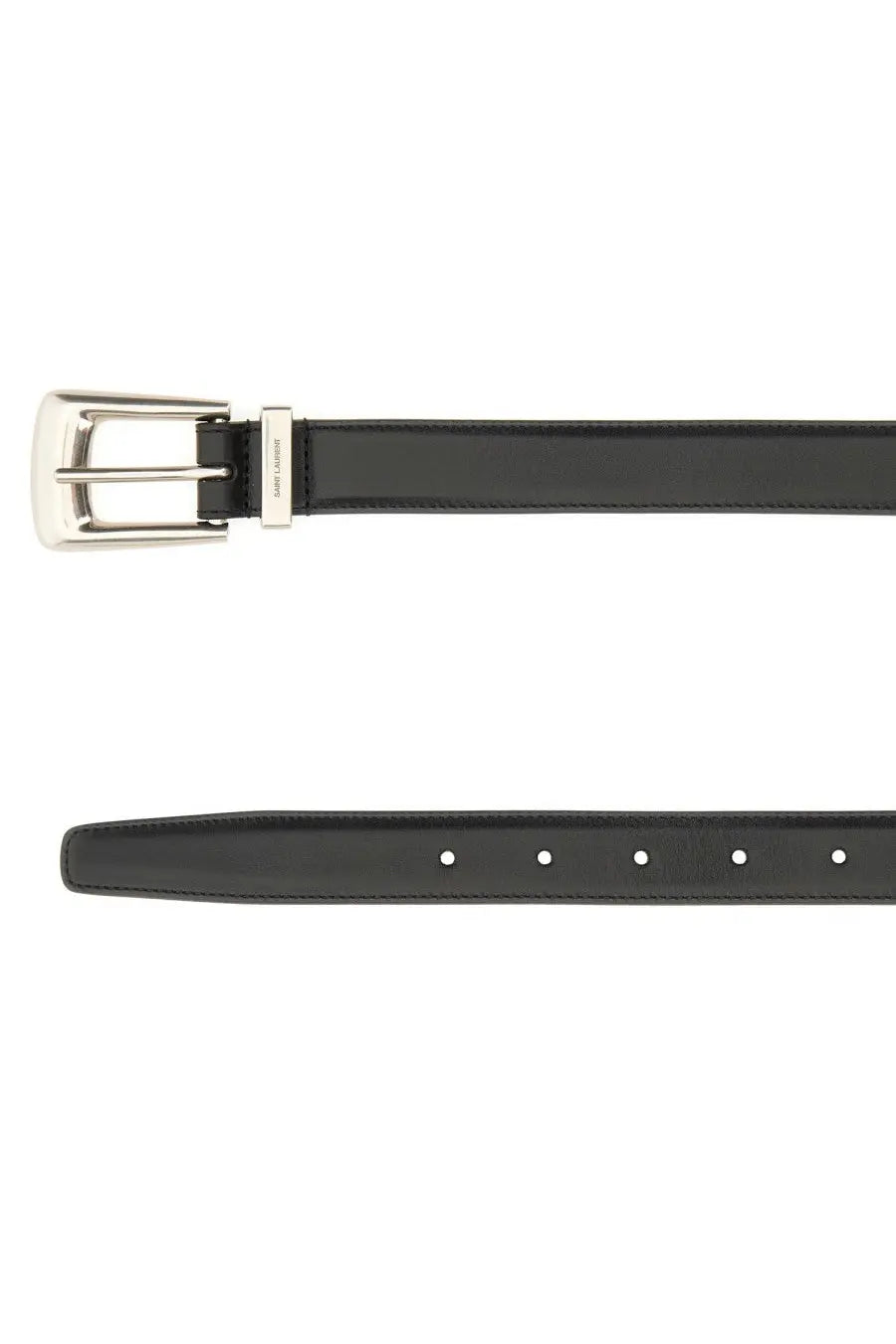 Saint Laurent men’s folk belt black black leather with silver-toned buckle and engraved brand name on the side