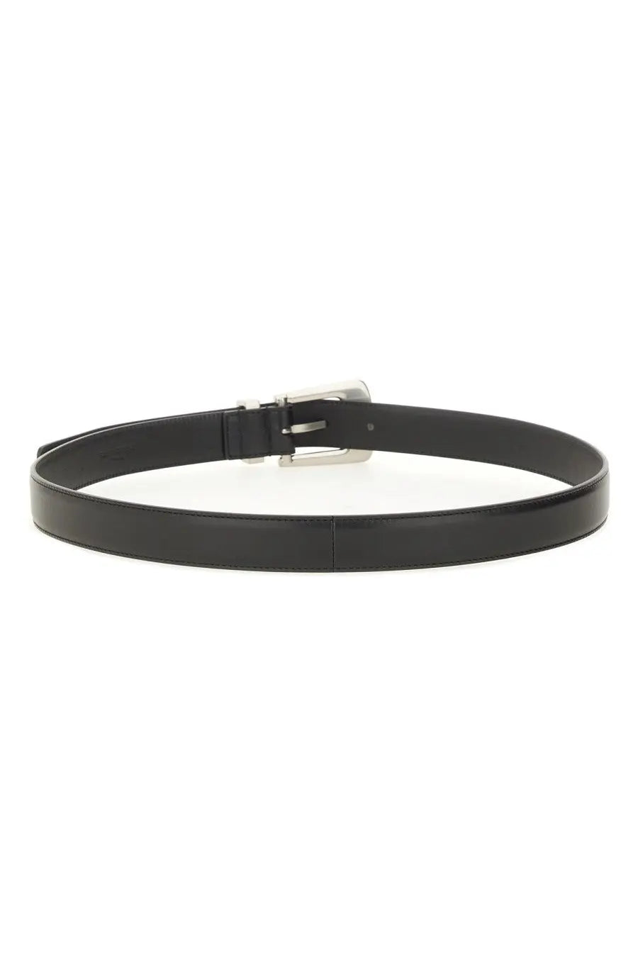 Saint Laurent men’s folk belt in black patent leather with a sleek silver toned buckle