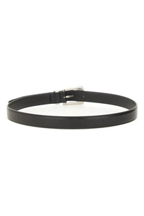 Saint Laurent men’s folk belt in black patent leather with a sleek silver toned buckle