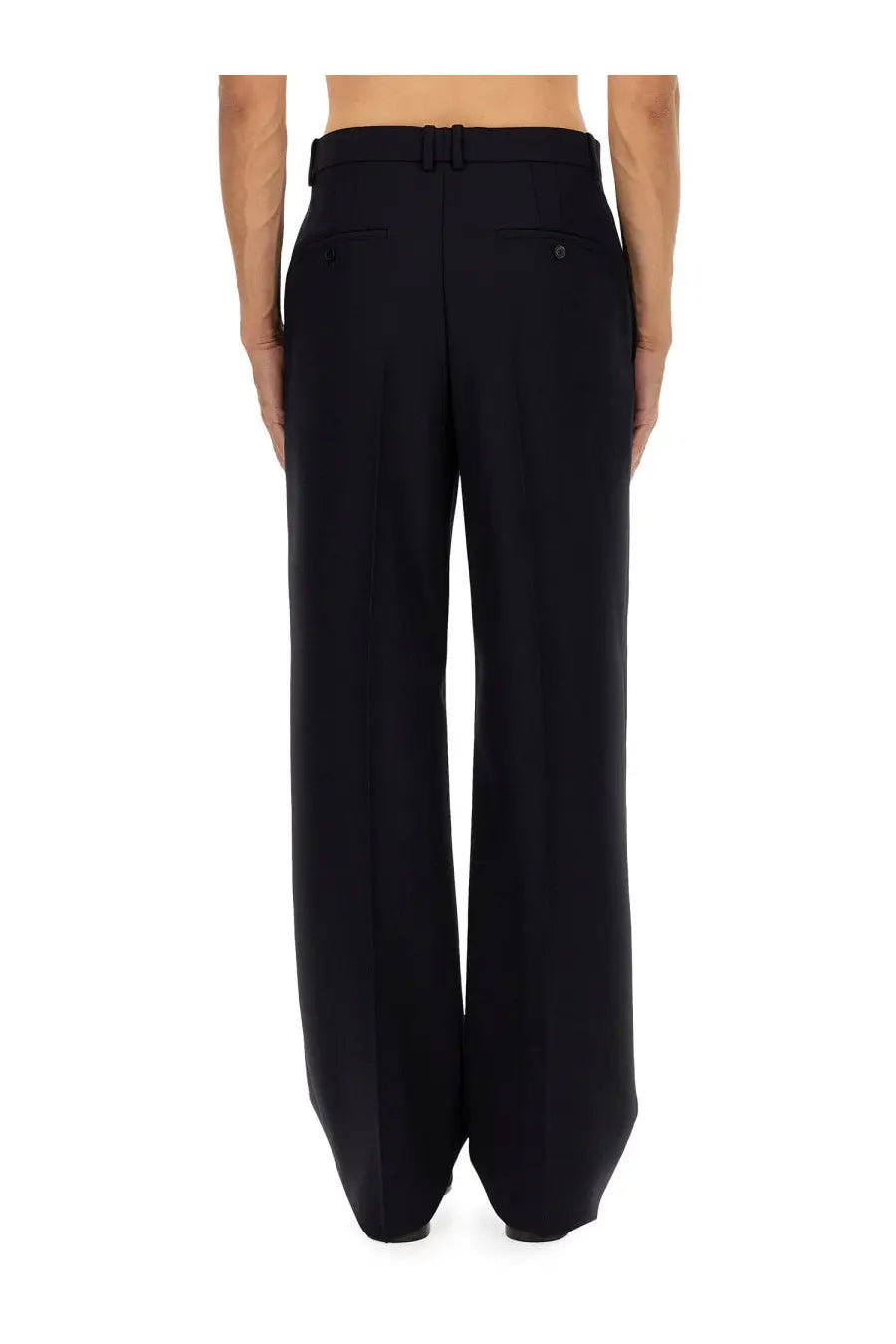 Saint Laurent men’s high waist black wide-leg trousers with tailored fit and belt looped at the waist