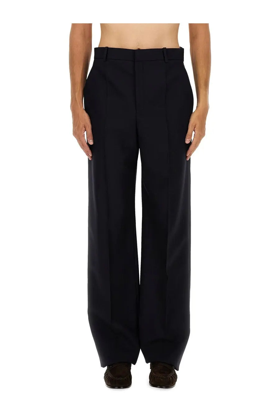 Black wide-leg Saint Laurent men’s high waist trousers with structured tailored fit and clean creases