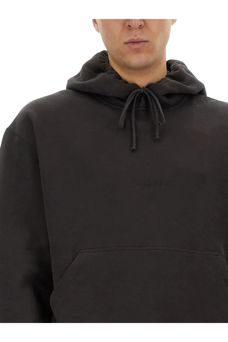 Saint Laurent men’s black hooded sweatshirt with subtle embroidered logo and matching drawstrings in cotton blend
