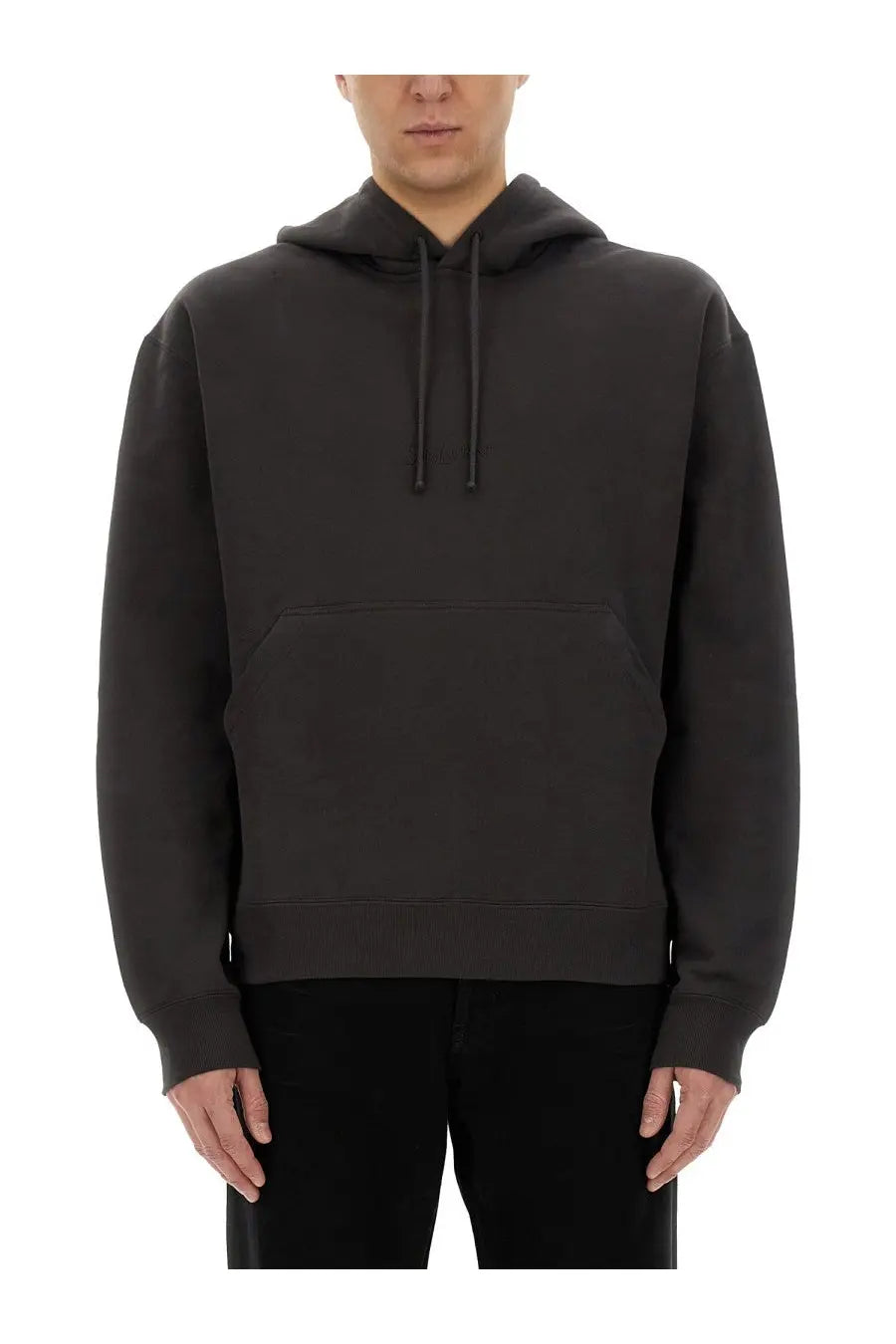 Saint Laurent men’s dark gray hooded sweatshirt with front pocket and matching drawstrings in soft fabric
