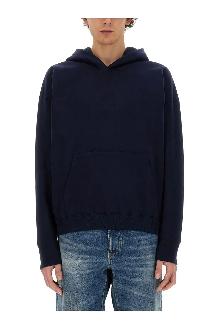 Saint Laurent men’s dark navy blue hooded sweatshirt with front pocket and ribbed cuffs in soft fabric