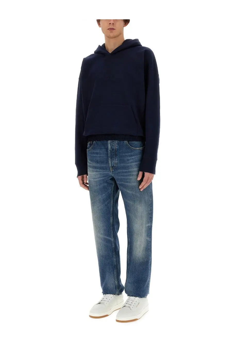 Saint Laurent men’s navy blue hooded sweatshirt with long sleeves and front pocket made from soft fabric