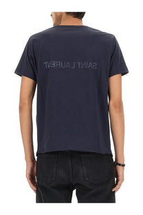 Dark navy blue saint laurent men’s inverted t-shirt with subtle tonal embroidered logo on the back side