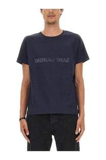 Navy blue Saint Laurent men’s inverted t-shirt with a subtle reflective logo across the chest in cotton material
