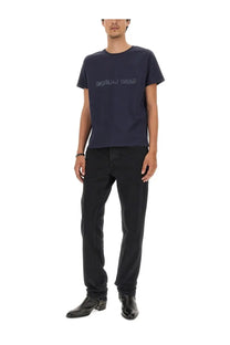 Navy blue Saint Laurent men’s inverted shirt t-shirt with subtle silver lettering across the chest