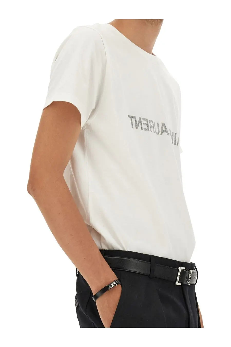 Saint Laurent men’s white cotton t-shirt with a subtle silver ysl logo across the chest