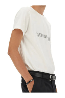 Saint Laurent men’s white cotton t-shirt with a subtle silver ysl logo across the chest