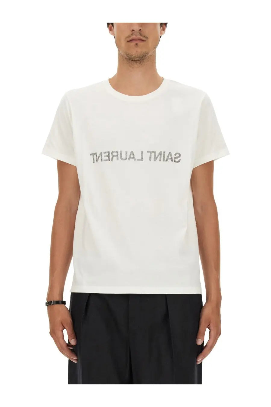 Saint Laurent men’s inverted white t-shirt with a silver logo across the chest made of soft cotton