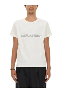 Saint Laurent men’s inverted white t-shirt with a silver logo across the chest made of soft cotton