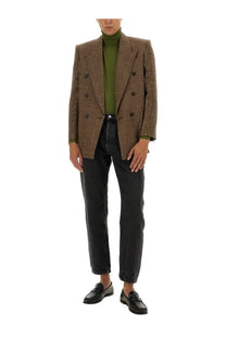 Brown double-breasted blazer with classic check pattern paired with saint laurent men’s mick black jeans
