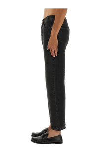 Saint laurent men’s black denim jeans with straight-leg cut and frayed cuffs in black color