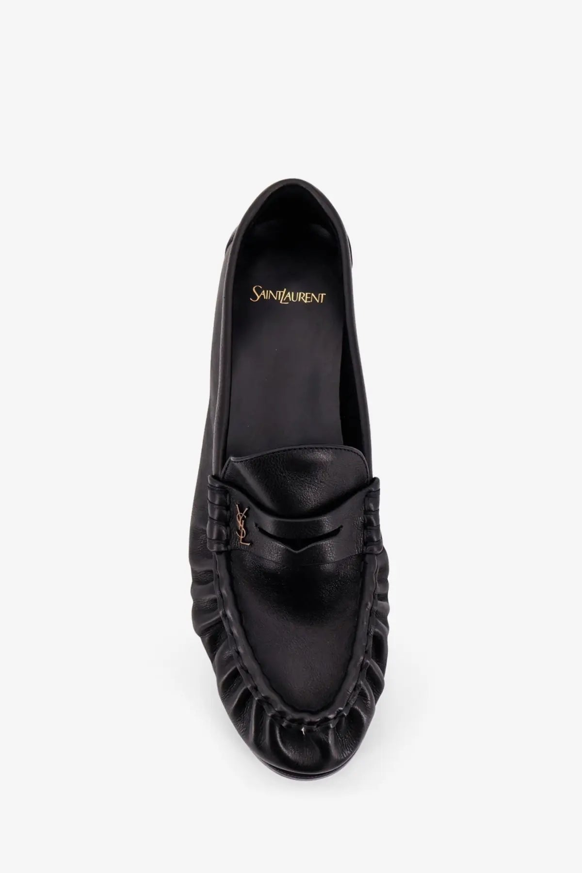 Saint Laurent men’s leather loafers in black with ruffled design and gold-tone ysl logo detail