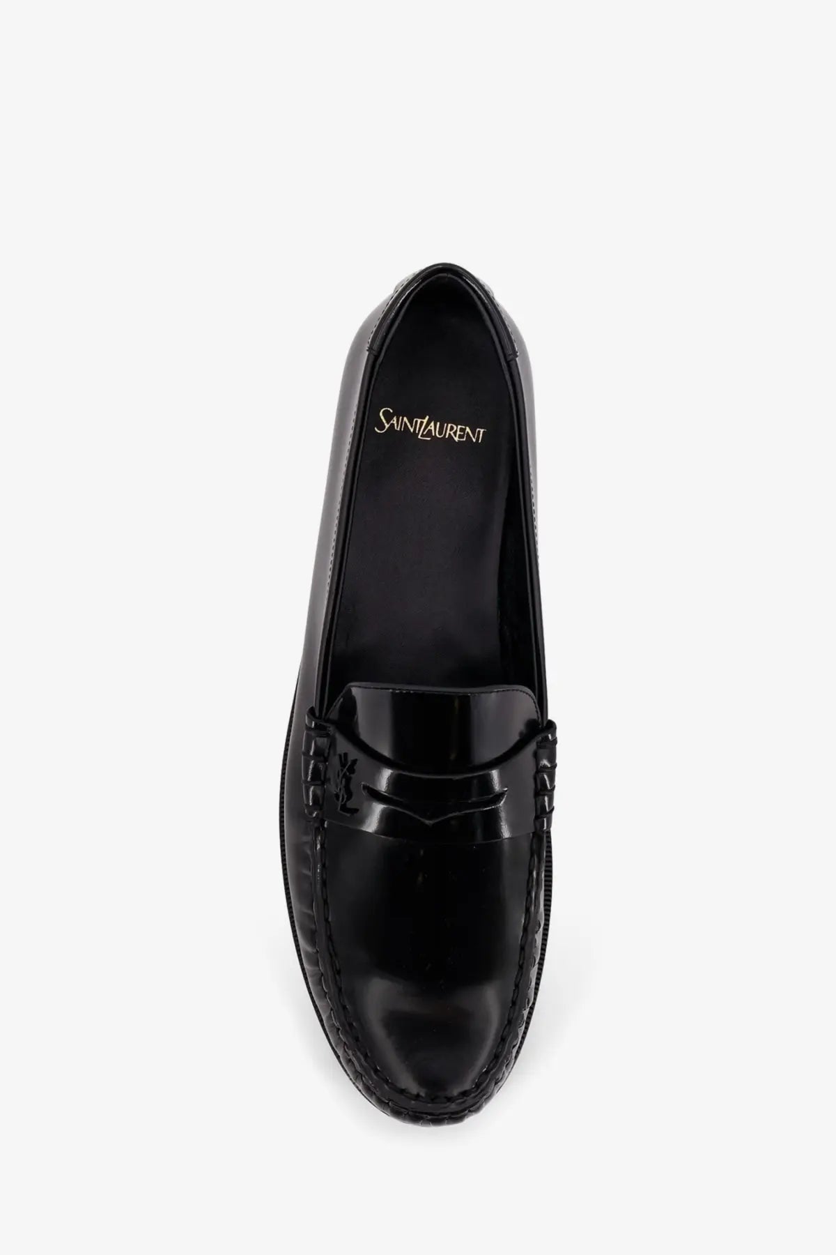 Saint Laurent men’s black patent leather loafers with a glossy finish and braided detailing